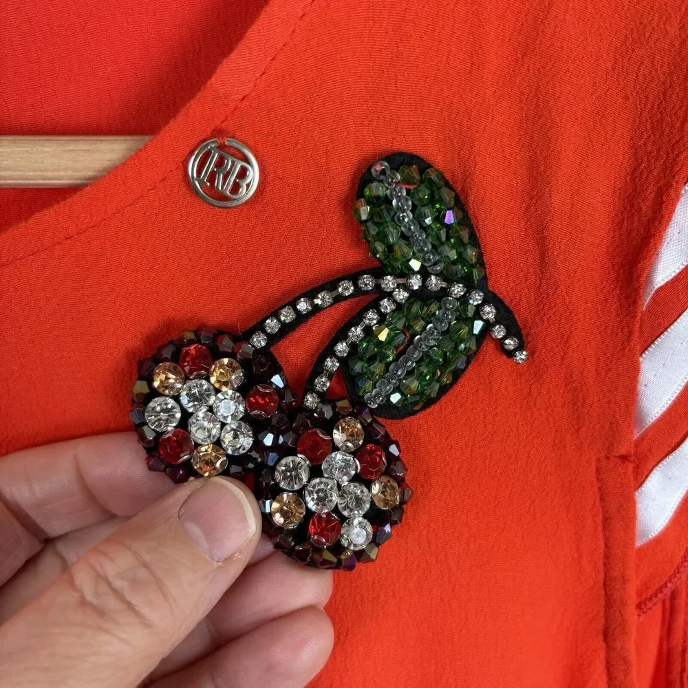 Roberta Biagi Vermillion Orange Cap‎ Sleeve Top With Rhinestone Embellishment